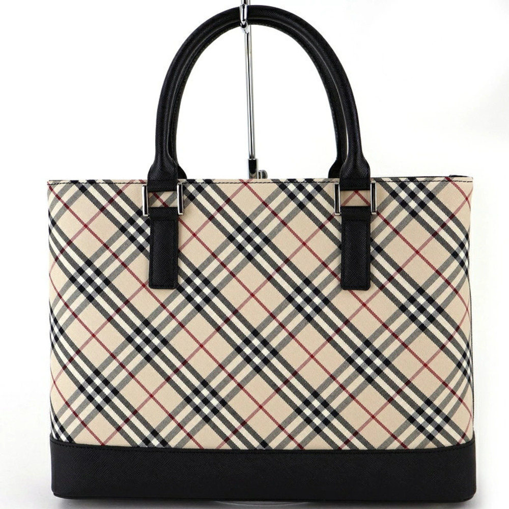 Burberry Canvas Leather One Check Beige Handbag Black Nova Tan Black